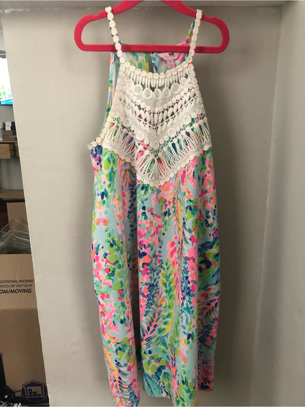 Lilly Pulitzer Pearl Shift Dress Catch The Wave Size 0 with White Crochet